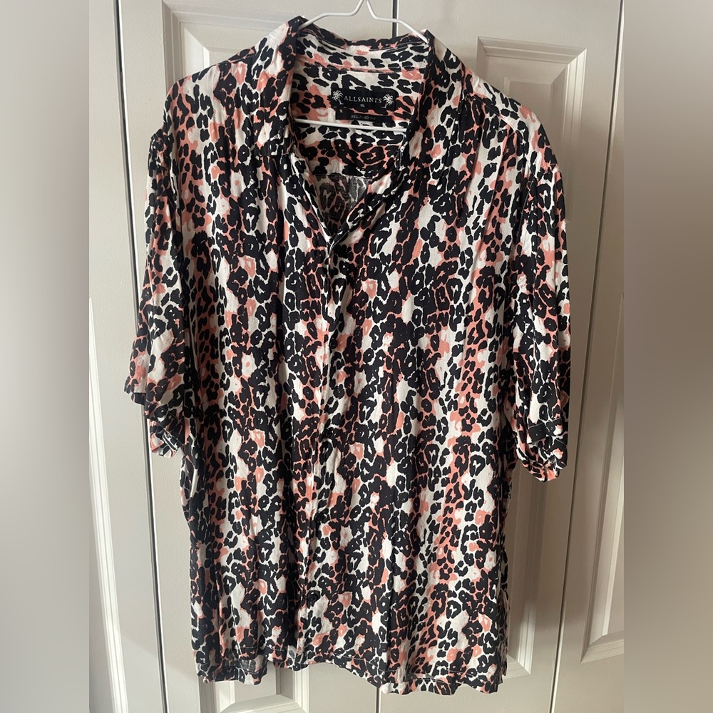 All Saints Leopard Print Pink Short Sleeve Casual Button Down Shirt